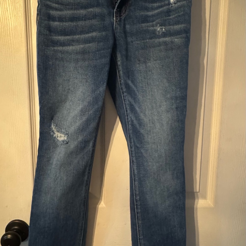 Blue Straight Leg Jeans with Distressed Details